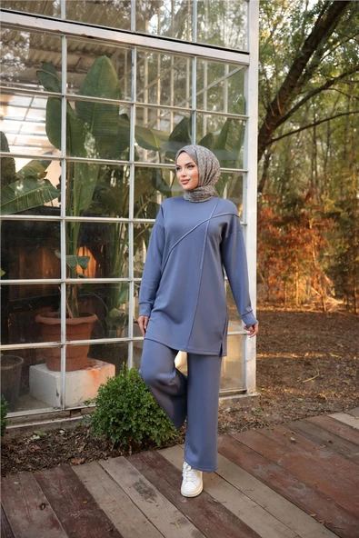 Çarpraz Taş Detaylı O Yaka Sweat-Pantolon İkili Eşofman Spor Takımı - 71215.006 - İndigo - 3