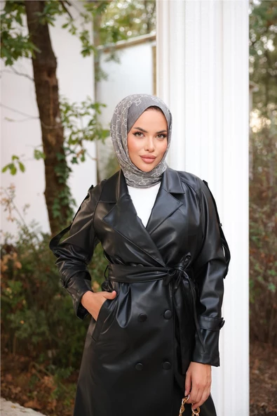 Kruvaze Yaka Cepli Belden Bağcıklı Deri Trençkot - 71212.003 - Siyah - 4