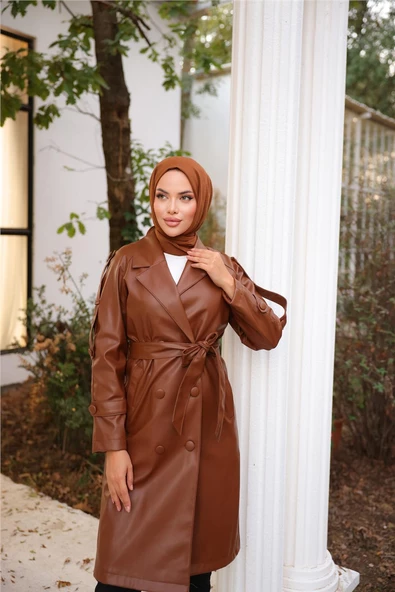 Kruvaze Yaka Cepli Belden Bağcıklı Deri Trençkot - 71212.028 - Kahverengi - Resim 3