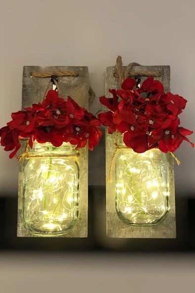 MAGICLEDCORNER Gri Ahşap Aplik 2´li Set Kırmızı Ortanca Çiçekli - Resim 2