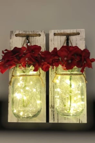 MAGICLEDCORNER Beyaz Aplik 2`Li Set Kırmızı Ortanca Çiçekli ürün görseli 1