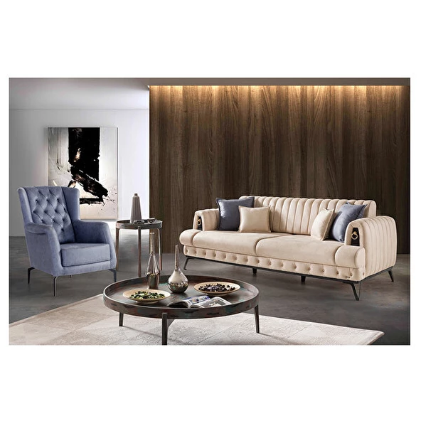 Belletto Chesterlıne Üçlü Koltuk Krem-berjer Füme 3+1