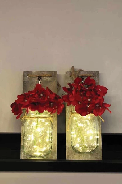 MAGICLEDCORNER Gri Ahşap Aplik 2li Set Kırmızı Ortanca Çiçekli