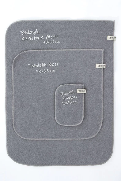 Gri Microwell 3 Prç Set Microfiber Bulaşık Kurutma Matı 3'lü Mutfak Seti Kurulama Bezi Örtüsü - 3
