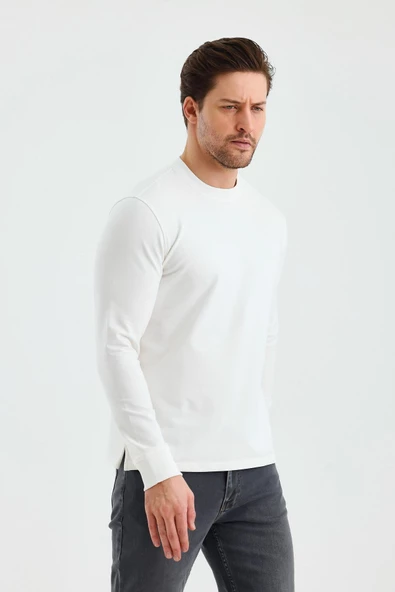 Uzun Kol Düz Örme Bisiklet Yaka Cepsiz Pamuklu Sweatshirt 1013245152 - Resim 4