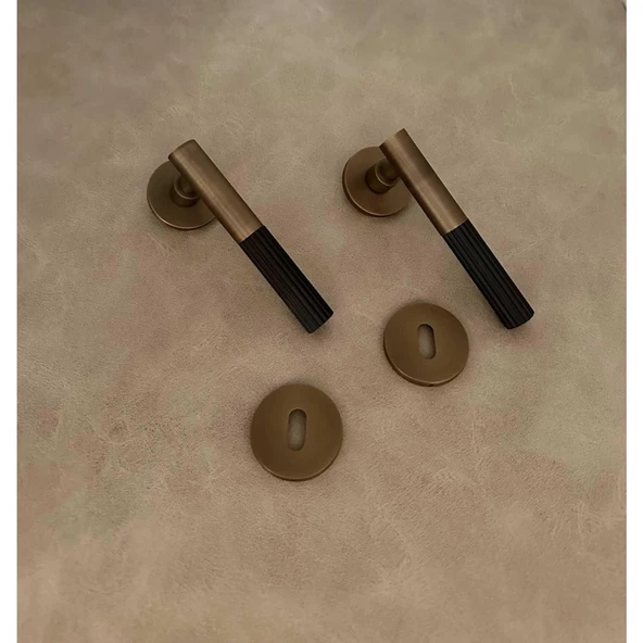 Duo One-S Zamak Mat Antik Sarı - Siyah Rozetli Zamak Oda Kapı Kolu 1 Takım - Resim 4