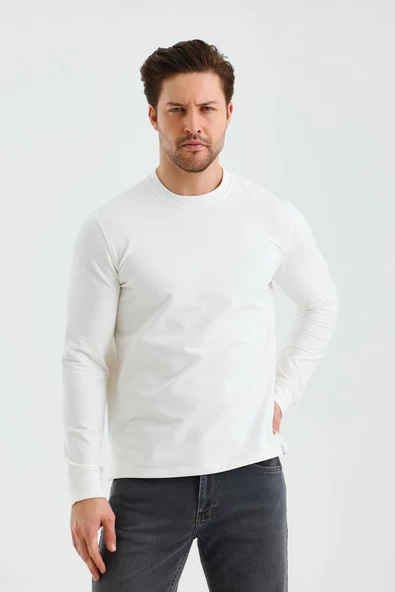 Uzun Kol Düz Örme Bisiklet Yaka Cepsiz Pamuklu Sweatshirt 1013245152