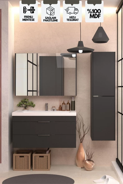 Karen Banyo Lotus 100 Cm Banyo Dolabı Seti Boy Dolaplı Lavabo Dahil Antrasit Çekmeceli Komple Mdf