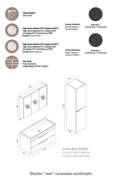 Karen Banyo Lotus 100 Cm Banyo Dolabı Seti Boy Dolaplı Lavabo Dahil Antrasit Çekmeceli Komple Mdf - 4