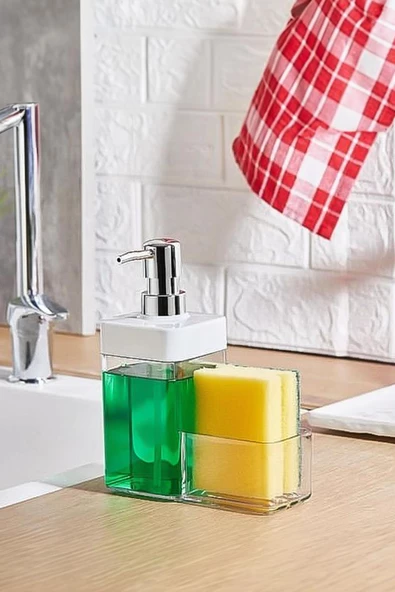 Beyaz Renkli Sıvı Sabunluk Süngerlik Hazneli 450 ml - 2