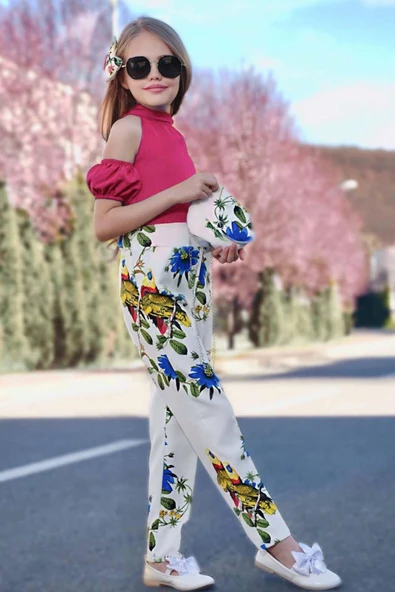 Kız Çocuk Papağan Baskılı Pantolon Omuzu Açık Balon Kol Detaylı Fuşya Bluz Alt Üst Takım - Resim 2