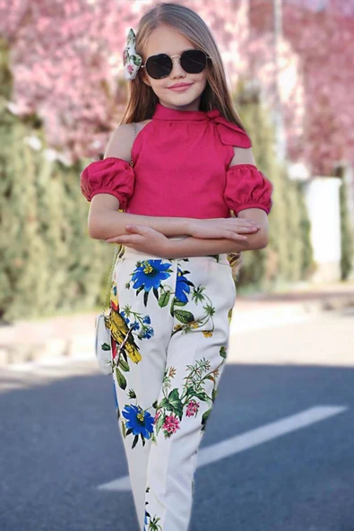 Kız Çocuk Papağan Baskılı Pantolon Omuzu Açık Balon Kol Detaylı Fuşya Bluz Alt Üst Takım - Resim 3
