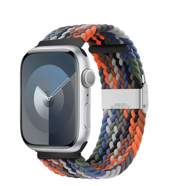 Sneezy Apple Watch 38-40-41mm İle Uyumlu Metal Klips Solo Fiberlink Örgü Kordon  Turuncu Siyah