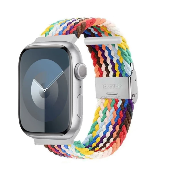 Sneezy Apple Watch 38-40-41mm İle Uyumlu Metal Klips Solo Fiberlink Örgü Kordon  Gökkuşağı