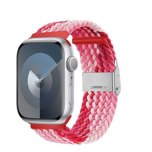 Sneezy Apple Watch 38-40-41mm İle Uyumlu Metal Klips Solo Fiberlink Örgü Kordon  Kırmızı Beyaz