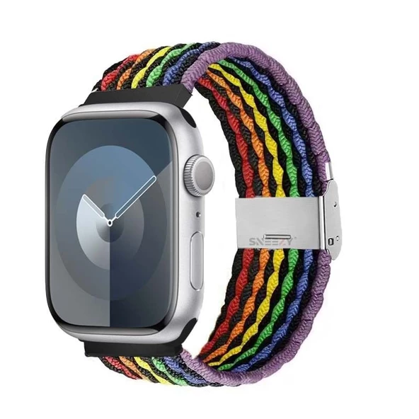 Sneezy Apple Watch 38-40-41mm İle Uyumlu Metal Klips Solo Fiberlink Örgü Kordon  Gökkuşağı Siyah