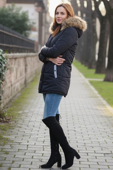 Kadın Yakası Suni KürklüTasarım Siyah Şişme Mont - Resim 2