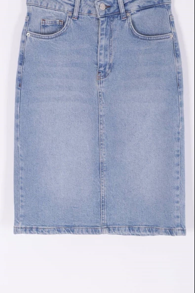 Orta Boy Klasik Tarzlı Cepli ve Astarsız Normal Belli Açık Mavi Kadın Kot Etek Dört Mevsim RICHMOST