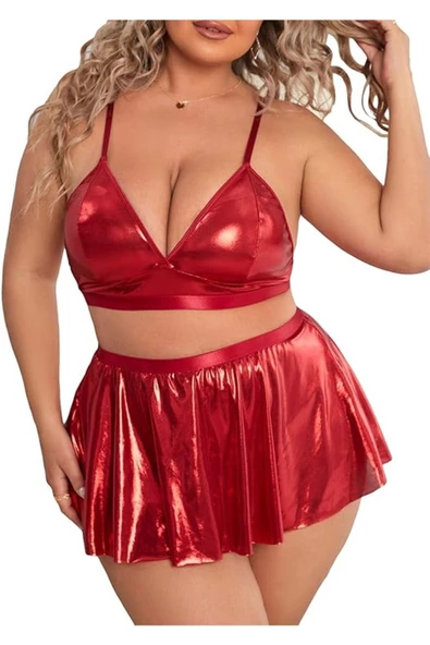 RUKOD Kadın Kırmızı Büyük Beden Parlak Kırmızı Lame Deri Göğüs Dekolteli Mini Etekli Gece Elbisesi - Resim 4