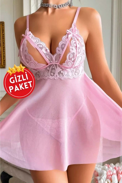 RUKOD Kadın Pembe Sırt ve Göğüs Dekolteli Fırfırlı Prenses Tül Gecelik ve Tanga Takımı