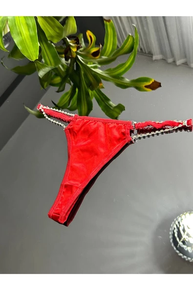 RUKOD Kadın Kırmızı Dikişsiz Parlak Taş Detaylı Tanga, Kırmızı İç Çamaşırı String Külot Bikini