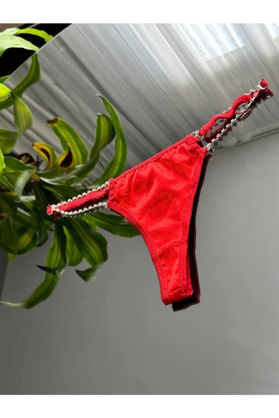 RUKOD Kadın Kırmızı Dikişsiz Parlak Taş Detaylı Tanga, Kırmızı İç Çamaşırı String Külot Bikini - 5