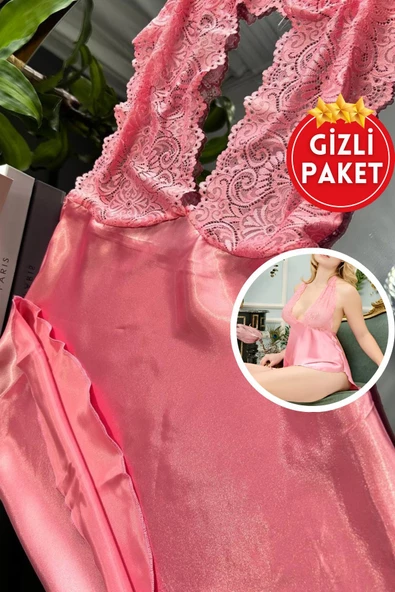 RUKOD Kadın Pembe Dantel Detaylı Mini Saten Gecelik, Rahat Yumuşak Lüks Pembe Gecelik