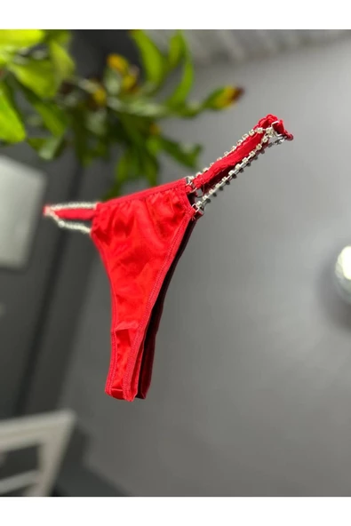 RUKOD Kadın Kırmızı Dikişsiz Parlak Taş Detaylı Tanga, Kırmızı İç Çamaşırı String Külot Bikini - 4