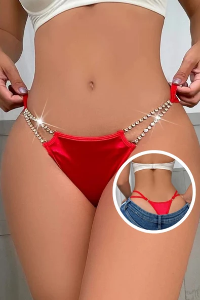 RUKOD Kadın Kırmızı Dikişsiz Parlak Taş Detaylı Külot, Kırmızı İç Çamaşırı String Tanga Bikini