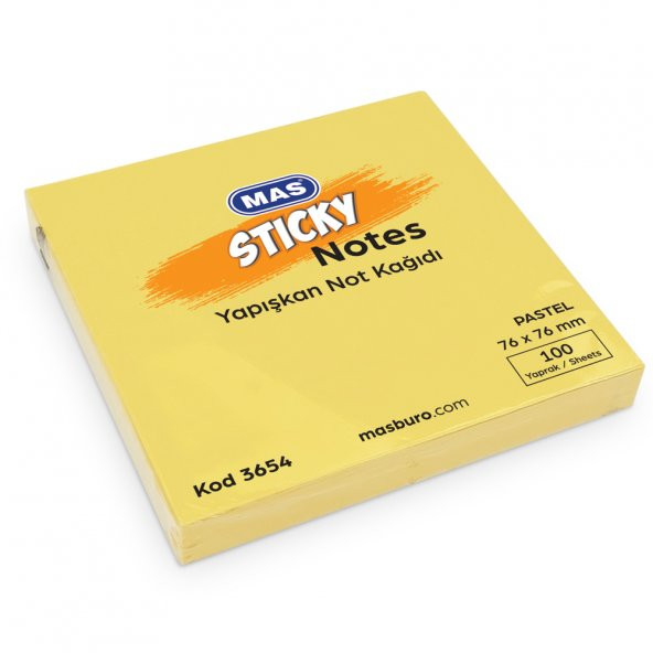 Mas Yapışkanlı Not Kağıdı 100 Syf 76x76 Pastel Sarı 3654 - 2