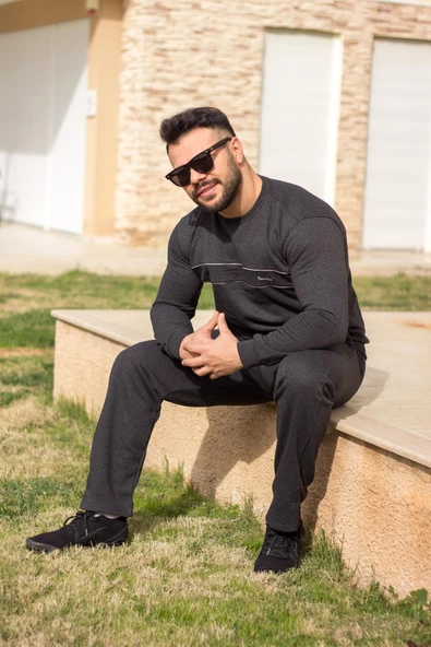 Antrasit Normal - Battal Büyük Beden Kalın Sweat Erkek Eşofman Takımı 21EESTBAKT - 8