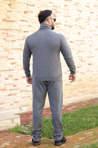 Gri Dik Yaka Nakış Detaylı Rahat Kalıp Fermuarlı Erkek Eşofman Takımı 21EESTBBKT - 8
