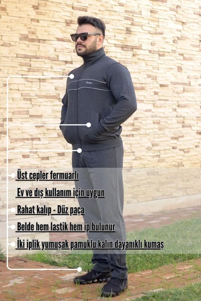 Antrasit Dik Yaka Nakış Detaylı Rahat Kalıp Fermuarlı Erkek Eşofman Takımı 21EESTBBKT - 4