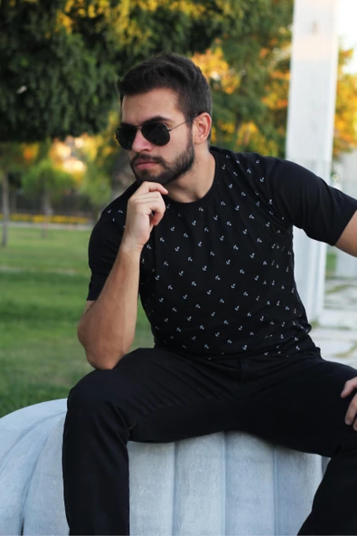 Erkek Siyah Çapa Desen Kısa Kollu Rahat Tişört 20ETSHCAPA - 4