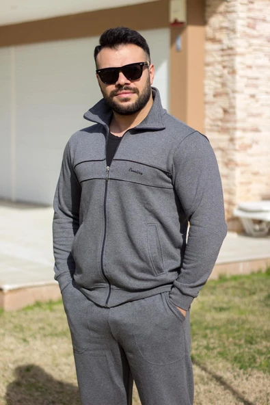 Gri Dik Yaka Nakış Detaylı Rahat Kalıp Fermuarlı Erkek Eşofman Takımı 21EESTBBKT - 3