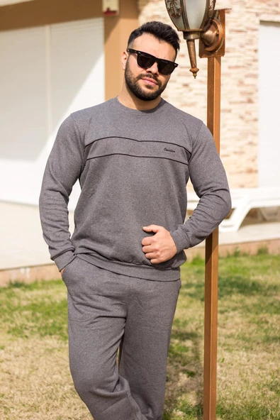 Koyu Gri Normal - Battal Büyük Beden Kalın Sweat Erkek Eşofman Takımı 21EESTBAKT - 8