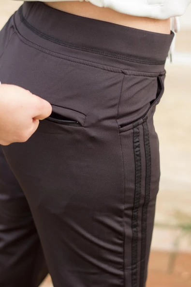 Kadın Siyah Şeritli Esnek Rahat Scuba Dalgıç Kumaş Spor Eşofman Altı 21KESAAKT1 - 6