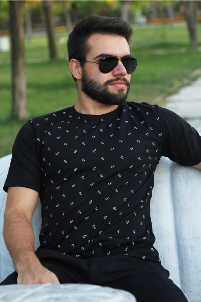 Erkek Siyah Çapa Desen Kısa Kollu Rahat Tişört 20ETSHCAPA - 5