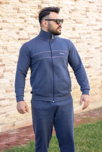 İndigo Dik Yaka Nakış Detaylı Rahat Kalıp Fermuarlı Erkek Eşofman Takımı 21EESTBBKT - 3