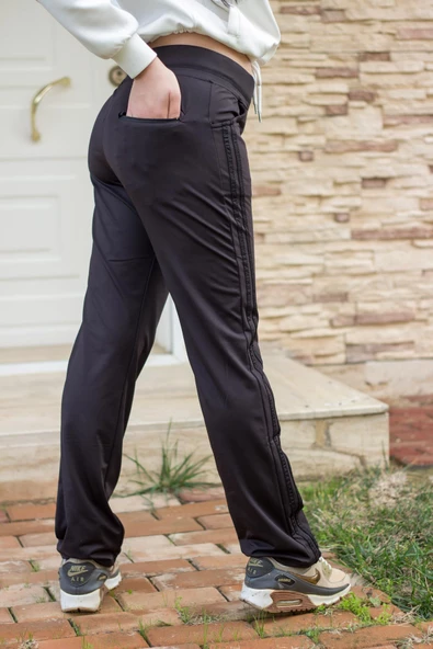 Kadın Siyah Şeritli Esnek Rahat Scuba Dalgıç Kumaş Spor Eşofman Altı 21KESAAKT1 - 7