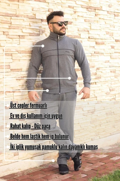 Gri Dik Yaka Nakış Detaylı Rahat Kalıp Fermuarlı Erkek Eşofman Takımı 21EESTBBKT - 4
