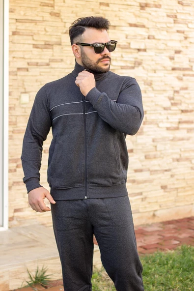 Antrasit Dik Yaka Nakış Detaylı Rahat Kalıp Fermuarlı Erkek Eşofman Takımı 21EESTBBKT - 3