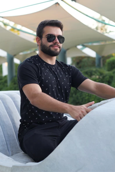 Erkek Siyah Çapa Desen Kısa Kollu Rahat Tişört 20ETSHCAPA - 6