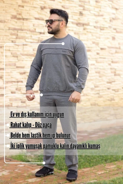 Koyu Gri Normal - Battal Büyük Beden Kalın Sweat Erkek Eşofman Takımı 21EESTBAKT - 4