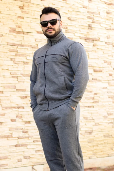 Gri Dik Yaka Nakış Detaylı Rahat Kalıp Fermuarlı Erkek Eşofman Takımı 21EESTBBKT - 5