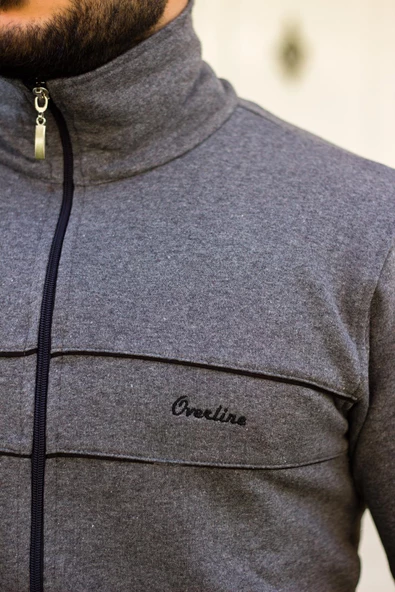 Gri Dik Yaka Nakış Detaylı Rahat Kalıp Fermuarlı Erkek Eşofman Takımı 21EESTBBKT - 6