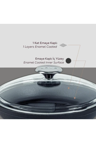 Lava Döküm Yuvarlak Sahan Cam Kapaklı Döküm Demir Yekpare Çift Kulplu Çap 24 cm - 6