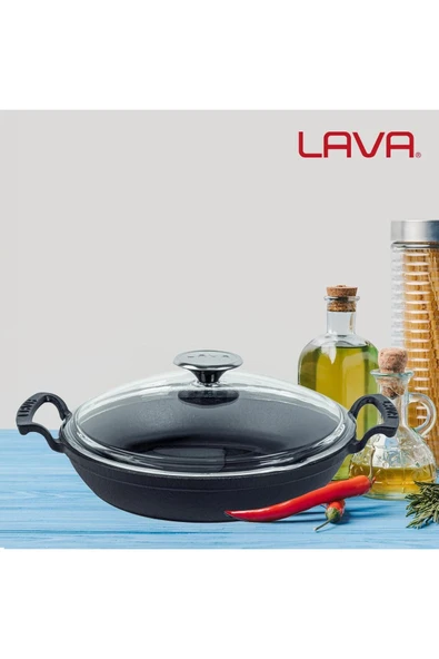 Lava Döküm Yuvarlak Sahan Cam Kapaklı Döküm Demir Yekpare Çift Kulplu Çap 24 cm - 7