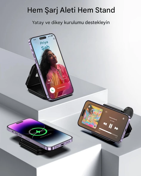 Evrensel Katlanabilir Taşınabilir Kablosuz 3 İn 1 Şarj Standı Manyetik Şarj Cihazı Dock - 5