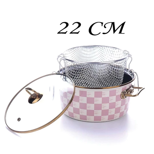 Emaye 3lü Saklama Kızartma Tenceresi 3lü Kavanoz Seti ve Sos Tavası Pembe Dama Desen - 4